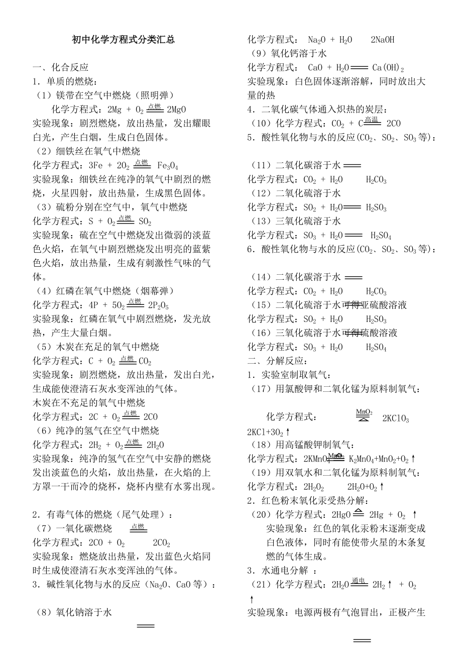 初中九上常考的化学方程式分类汇总